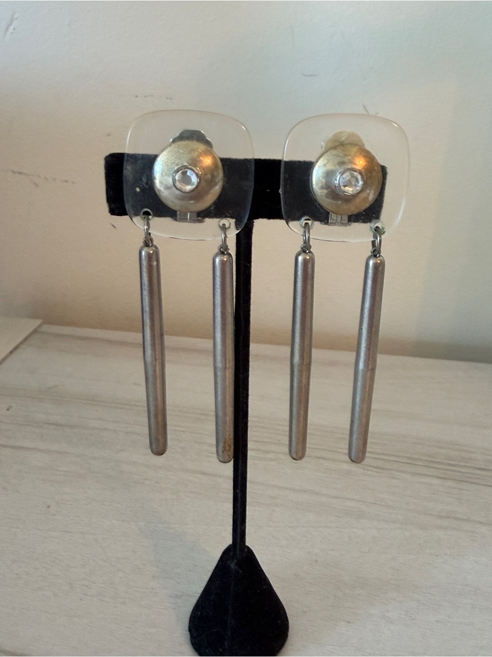 Lucite with Rhinestone Center Silver Dangle Earrings - Modern Minimalist